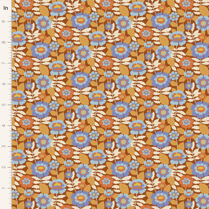 Yardage of floral print fabric in caramel, blue, and beige colors with a meter scale on the side.
Photo by Tildafabrics.com [image_link]