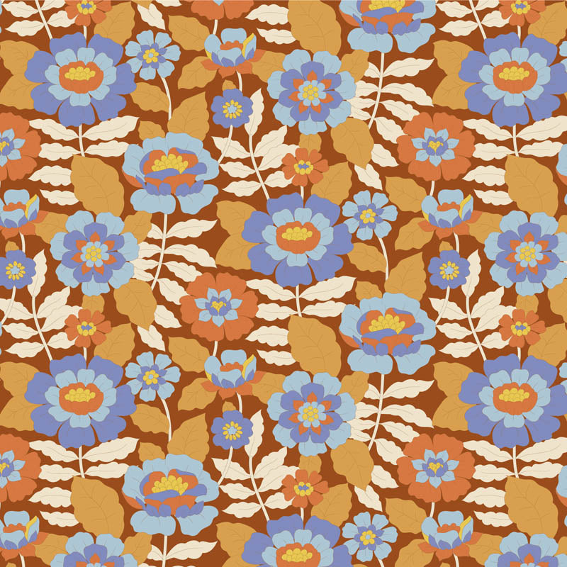 Yardage of floral print fabric in caramel, blue, and beige colors with a meter scale on the side.
Photo by Tildafabrics.com [additional_image_link]