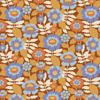 Yardage of floral print fabric in caramel, blue, and beige colors with a meter scale on the side.
Photo by Tildafabrics.com [additional_image_link]