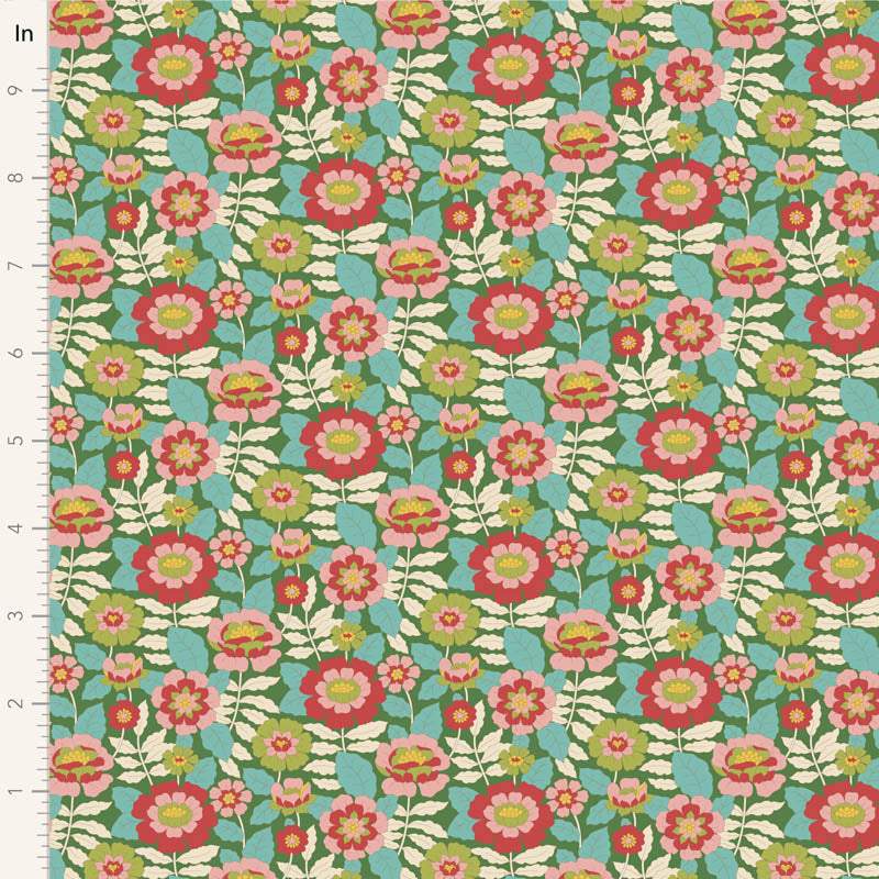 Yardage of Tilda Wallflower Beverly Green fabric featuring a floral pattern with green, red, and pink colors on a blue background.
Photo by Tildafabrics.com [image_link]