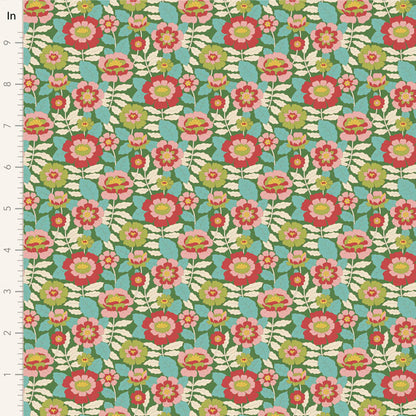 Yardage of Tilda Wallflower Beverly Green fabric featuring a floral pattern with green, red, and pink colors on a blue background.
Photo by Tildafabrics.com [image_link]