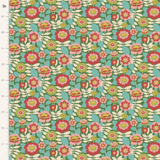 Yardage of Tilda Wallflower Beverly Green fabric featuring a floral pattern with green, red, and pink colors on a blue background.
Photo by Tildafabrics.com [image_link]