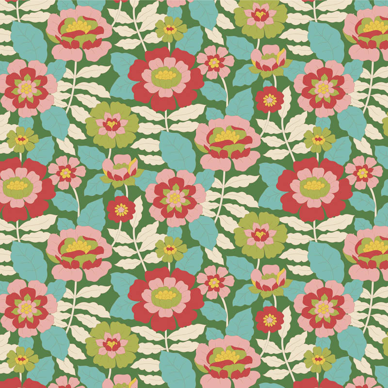 Yardage of Tilda Wallflower Beverly Green fabric featuring a floral pattern with green, red, and pink colors on a blue background.
Photo by Tildafabrics.com [additional_image_link]