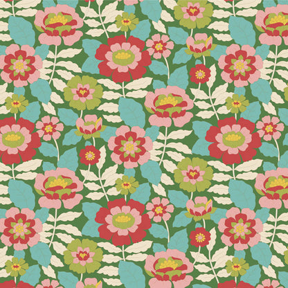 Yardage of Tilda Wallflower Beverly Green fabric featuring a floral pattern with green, red, and pink colors on a blue background.
Photo by Tildafabrics.com [additional_image_link]