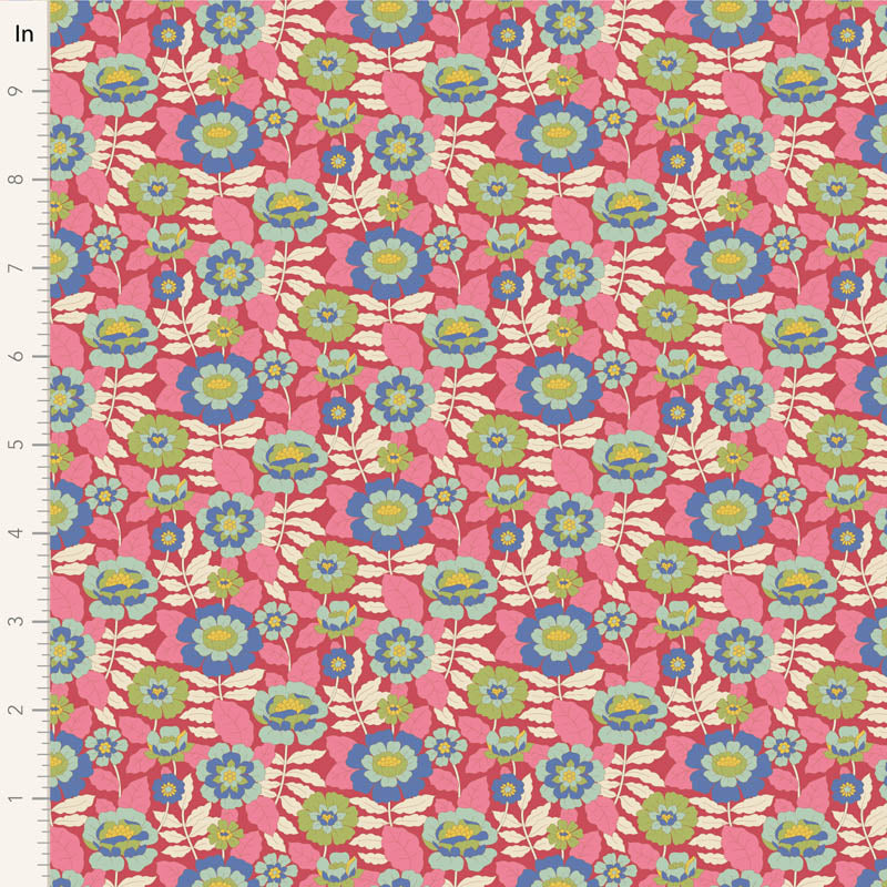 Yardage of Tilda Wallflower Beverly Pink fabric featuring a floral print on a pink background.
Photo by Tildafabrics.com [image_link]