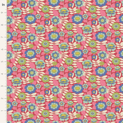 Yardage of Tilda Wallflower Beverly Pink fabric featuring a floral print on a pink background.
Photo by Tildafabrics.com [image_link]