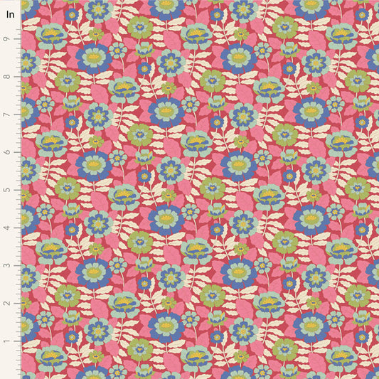 Yardage of Tilda Wallflower Beverly Pink fabric featuring a floral print on a pink background.
Photo by Tildafabrics.com [image_link]