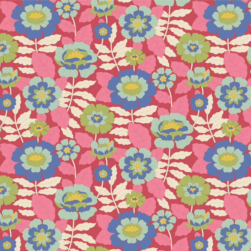 Yardage of Tilda Wallflower Beverly Pink fabric featuring a floral print on a pink background.
Photo by Tildafabrics.com [additional_image_link]