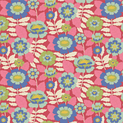 Yardage of Tilda Wallflower Beverly Pink fabric featuring a floral print on a pink background.
Photo by Tildafabrics.com [additional_image_link]