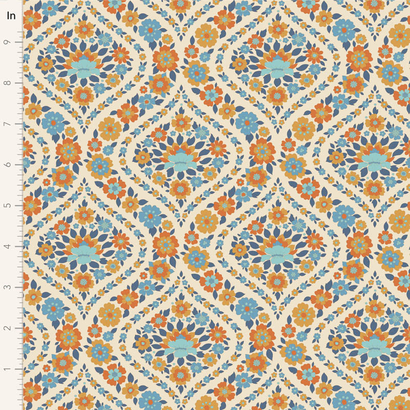 Yardage of Tilda Wallflower Bianca Blue fabric featuring a floral print with blue, orange, and green flowers on a beige background.
Photo by Tildafabrics.com [image_link]