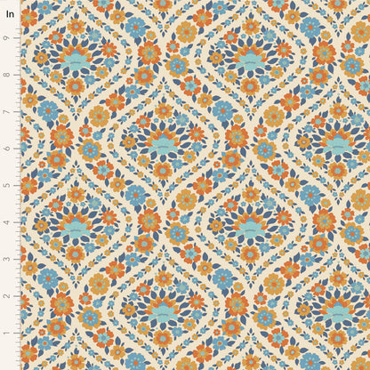 Yardage of Tilda Wallflower Bianca Blue fabric featuring a floral print with blue, orange, and green flowers on a beige background.
Photo by Tildafabrics.com [image_link]