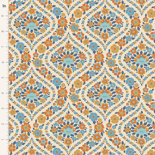 Yardage of Tilda Wallflower Bianca Blue fabric featuring a floral print with blue, orange, and green flowers on a beige background.
Photo by Tildafabrics.com [image_link]