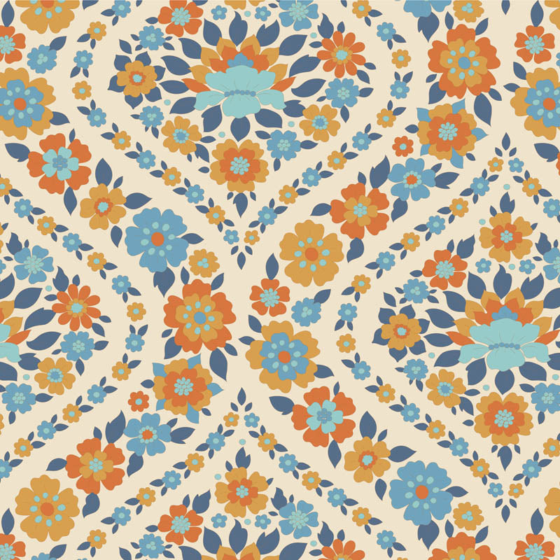 Yardage of Tilda Wallflower Bianca Blue fabric featuring a floral print with blue, orange, and green flowers on a beige background.
Photo by Tildafabrics.com [additional_image_link]