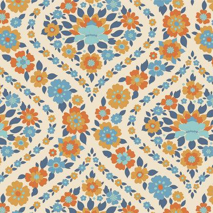 Yardage of Tilda Wallflower Bianca Blue fabric featuring a floral print with blue, orange, and green flowers on a beige background.
Photo by Tildafabrics.com [additional_image_link]