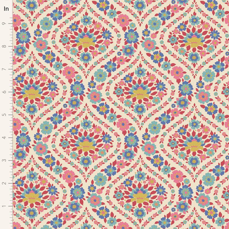 Yardage of Tilda Wallflower Bianca Red fabric featuring a floral pattern in red, blue, and yellow colors on a beige background.
Photo by Tildafabrics.com [image_link]