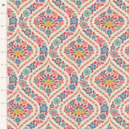Yardage of Tilda Wallflower Bianca Red fabric featuring a floral pattern in red, blue, and yellow colors on a beige background.
Photo by Tildafabrics.com [image_link]