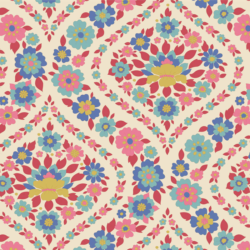 Yardage of Tilda Wallflower Bianca Red fabric featuring a floral pattern in red, blue, and yellow colors on a beige background.
Photo by Tildafabrics.com [additional_image_link]