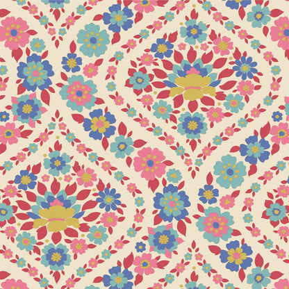 Yardage of Tilda Wallflower Bianca Red fabric featuring a floral pattern in red, blue, and yellow colors on a beige background.
Photo by Tildafabrics.com [additional_image_link]