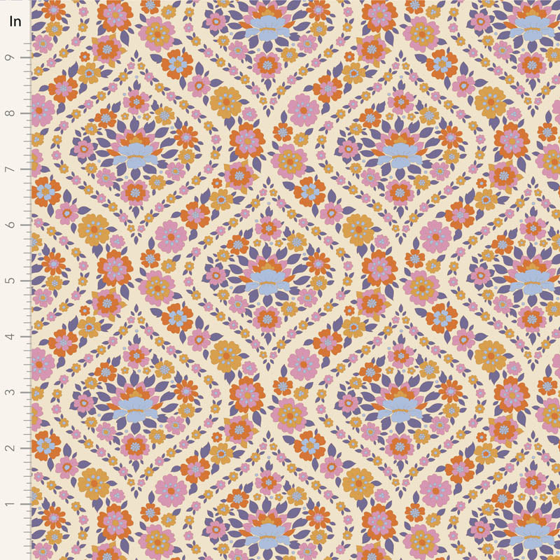 Yardage of floral print fabric featuring a pattern with thistle and other flowers in a multicolor palette on a beige background.
Photo by Tildafabrics.com [image_link]
