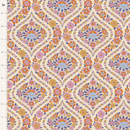 Yardage of floral print fabric featuring a pattern with thistle and other flowers in a multicolor palette on a beige background.
Photo by Tildafabrics.com [image_link]