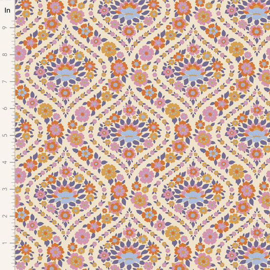 Yardage of floral print fabric featuring a pattern with thistle and other flowers in a multicolor palette on a beige background.
Photo by Tildafabrics.com [image_link]