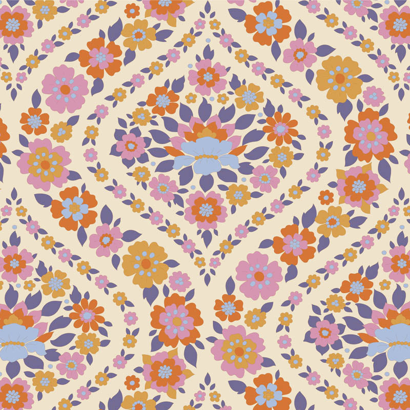Yardage of floral print fabric featuring a pattern with thistle and other flowers in a multicolor palette on a beige background.
Photo by Tildafabrics.com [additional_image_link]
