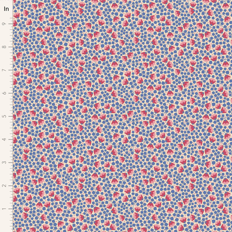 Yardage of Tilda Wallflower Blender Bellflower Denim fabric featuring a floral pattern on a blue background.
Photo by Tildafabrics.com [image_link]