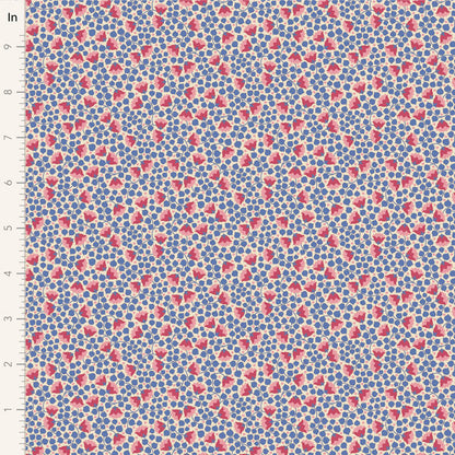 Yardage of Tilda Wallflower Blender Bellflower Denim fabric featuring a floral pattern on a blue background.
Photo by Tildafabrics.com [image_link]