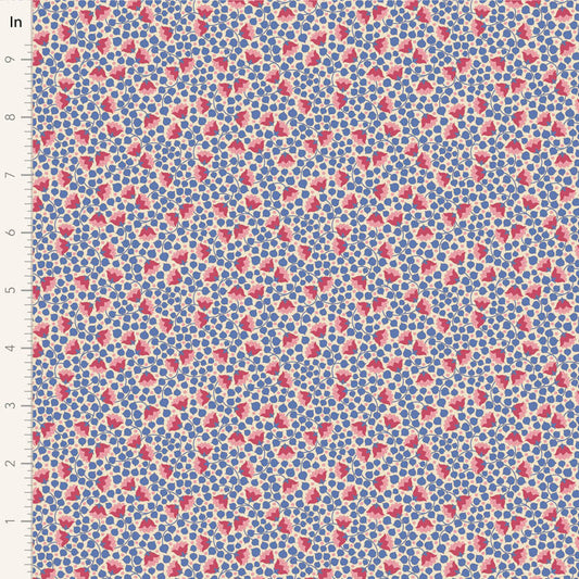 Yardage of Tilda Wallflower Blender Bellflower Denim fabric featuring a floral pattern on a blue background.
Photo by Tildafabrics.com [image_link]