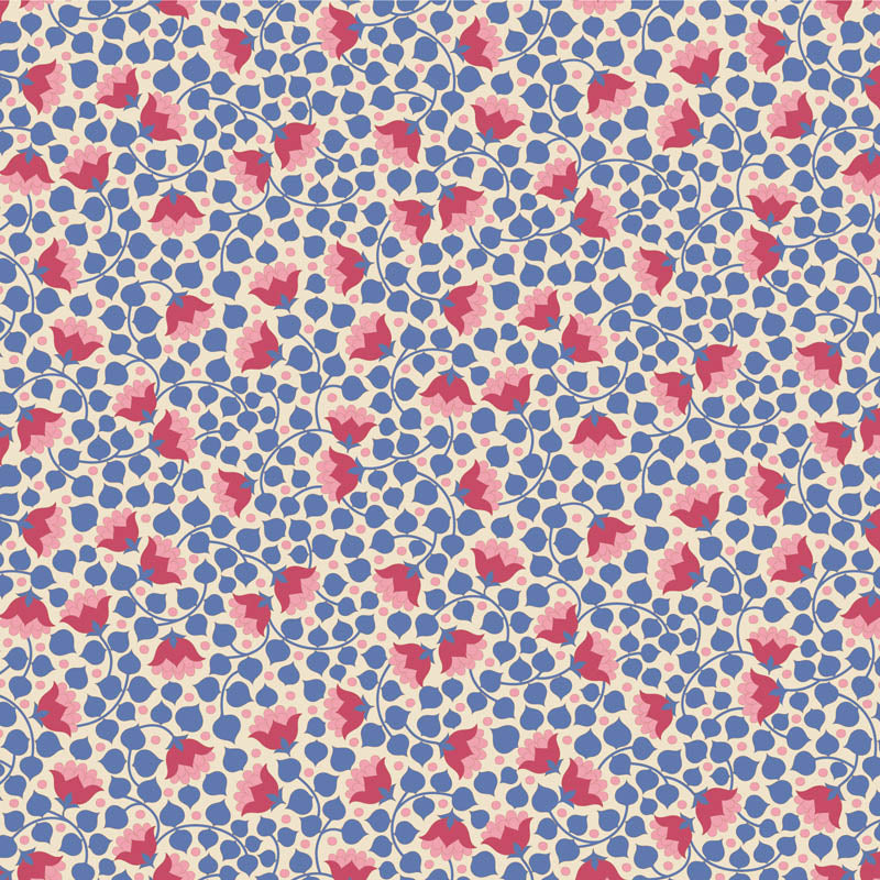 Yardage of Tilda Wallflower Blender Bellflower Denim fabric featuring a floral pattern on a blue background.
Photo by Tildafabrics.com [additional_image_link]