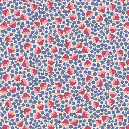 Yardage of Tilda Wallflower Blender Bellflower Denim fabric featuring a floral pattern on a blue background.
Photo by Tildafabrics.com [additional_image_link]