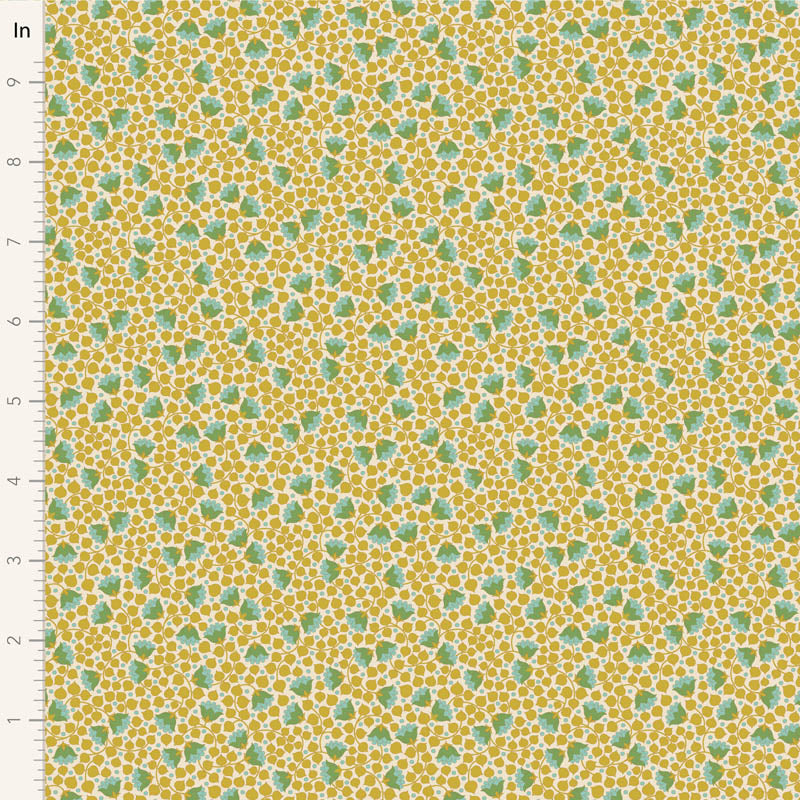 Yardage of Tilda Wallflower Blender Bellflower Flaxen fabric with a floral pattern in yellow and green tones.
Photo by Tildafabrics.com [image_link]