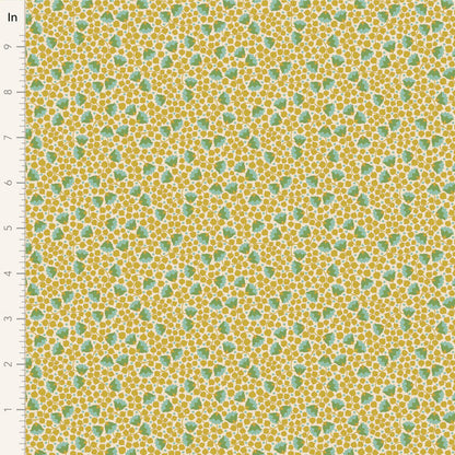 Yardage of Tilda Wallflower Blender Bellflower Flaxen fabric with a floral pattern in yellow and green tones.
Photo by Tildafabrics.com [image_link]