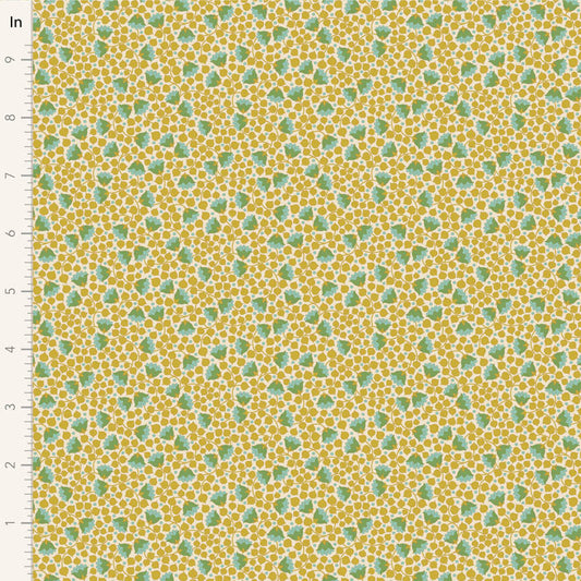 Yardage of Tilda Wallflower Blender Bellflower Flaxen fabric with a floral pattern in yellow and green tones.
Photo by Tildafabrics.com [image_link]