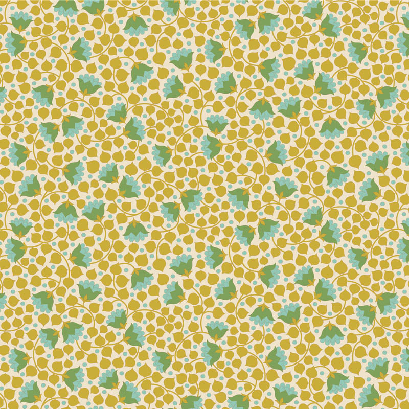 Yardage of Tilda Wallflower Blender Bellflower Flaxen fabric with a floral pattern in yellow and green tones.
Photo by Tildafabrics.com [additional_image_link]