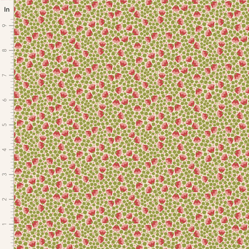 Yardage of Tilda Wallflower Blender Bellflower fabric in green with a floral print of small red flowers.
Photo by Tildafabrics.com [image_link]