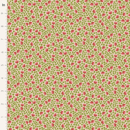 Yardage of Tilda Wallflower Blender Bellflower fabric in green with a floral print of small red flowers.
Photo by Tildafabrics.com [image_link]