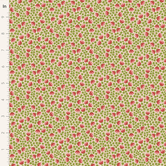 Yardage of Tilda Wallflower Blender Bellflower fabric in green with a floral print of small red flowers.
Photo by Tildafabrics.com [image_link]