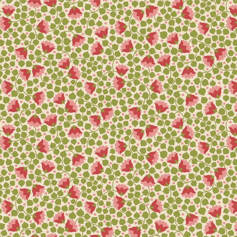 Yardage of Tilda Wallflower Blender Bellflower fabric in green with a floral print of small red flowers.
Photo by Tildafabrics.com [additional_image_link]
