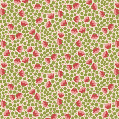 Yardage of Tilda Wallflower Blender Bellflower fabric in green with a floral print of small red flowers.
Photo by Tildafabrics.com [additional_image_link]