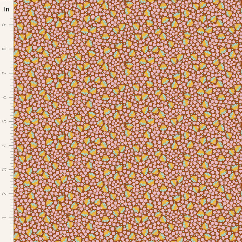 Yardage of Tilda Wallflower Blender Bellflower Mulberry fabric with a floral pattern in a mulberry color story.
Photo by Tildafabrics.com [image_link]