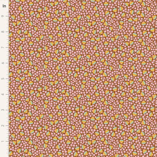 Yardage of Tilda Wallflower Blender Bellflower Mulberry fabric with a floral pattern in a mulberry color story.
Photo by Tildafabrics.com [image_link]