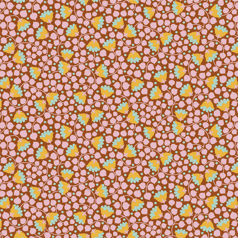 Yardage of Tilda Wallflower Blender Bellflower Mulberry fabric with a floral pattern in a mulberry color story.
Photo by Tildafabrics.com [additional_image_link]