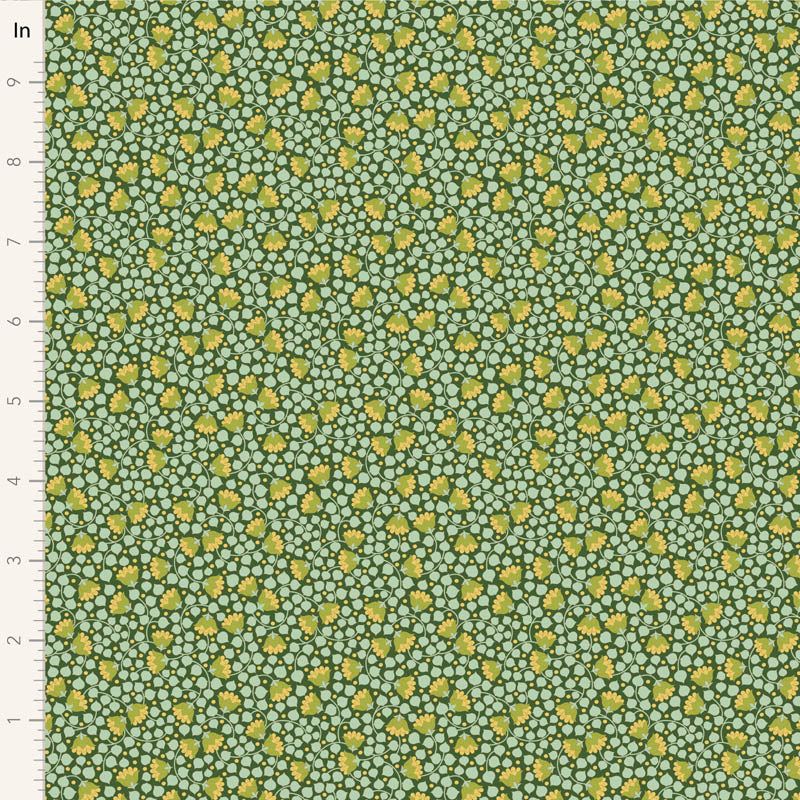 Yardage of Tilda Wallflower Blender Bellflower Pine fabric featuring a floral pattern on a green background with measurements along the edge.
Photo by Tildafabrics.com [image_link]