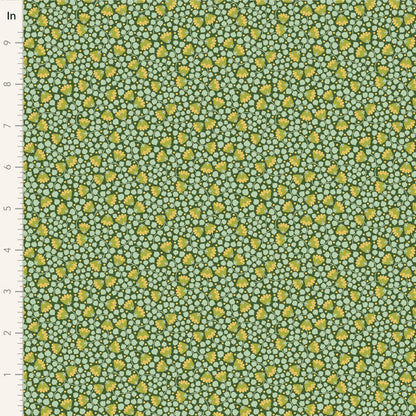 Yardage of Tilda Wallflower Blender Bellflower Pine fabric featuring a floral pattern on a green background with measurements along the edge.
Photo by Tildafabrics.com [image_link]