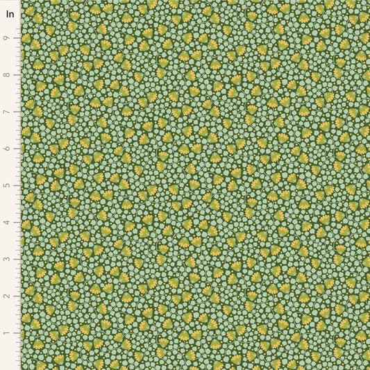 Yardage of Tilda Wallflower Blender Bellflower Pine fabric featuring a floral pattern on a green background with measurements along the edge.
Photo by Tildafabrics.com [image_link]
