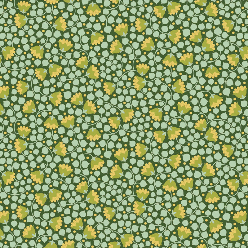 Yardage of Tilda Wallflower Blender Bellflower Pine fabric featuring a floral pattern on a green background with measurements along the edge.
Photo by Tildafabrics.com [additional_image_link]