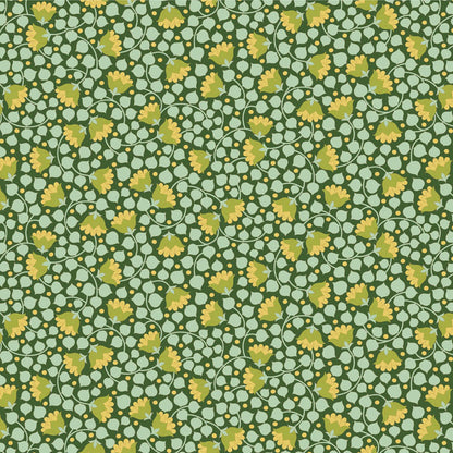 Yardage of Tilda Wallflower Blender Bellflower Pine fabric featuring a floral pattern on a green background with measurements along the edge.
Photo by Tildafabrics.com [additional_image_link]