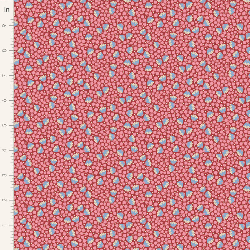 Yardage of Tilda Wallflower Blender Bellflower fabric in pink with floral print, showing a measuring scale along the edge.
Photo by Tildafabrics.com [image_link]