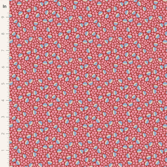 Yardage of Tilda Wallflower Blender Bellflower fabric in pink with floral print, showing a measuring scale along the edge.
Photo by Tildafabrics.com [image_link]
